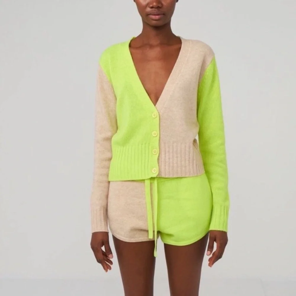 Brodie Cashmere Neon Green ColorBlock Cardigan Sweater - Picture 3 of 15